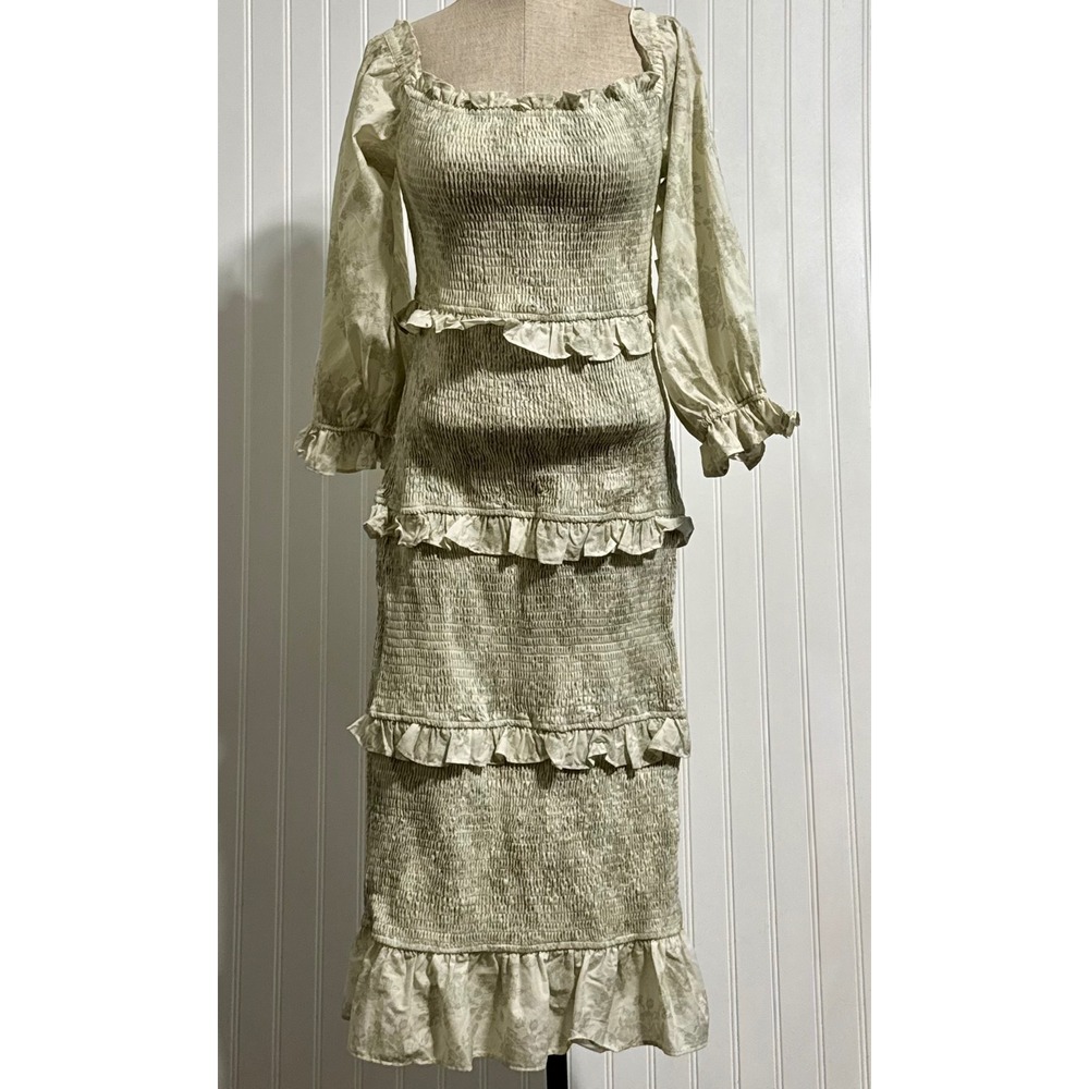 Worth Collective Womens S Chloe Midi‎ Dress Cotton Sage Green Smocked Floral NWT